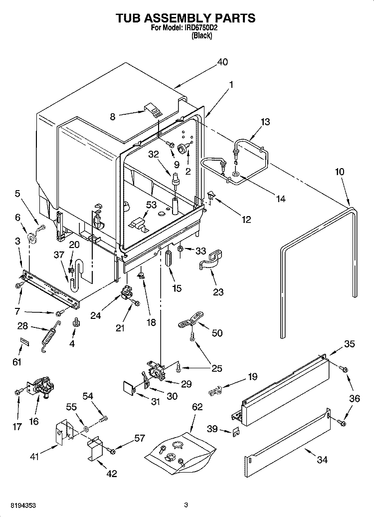 TUB ASSEMBLY PARTS Diagram and Parts List for IRD6750D2  Inglis Dishwasher