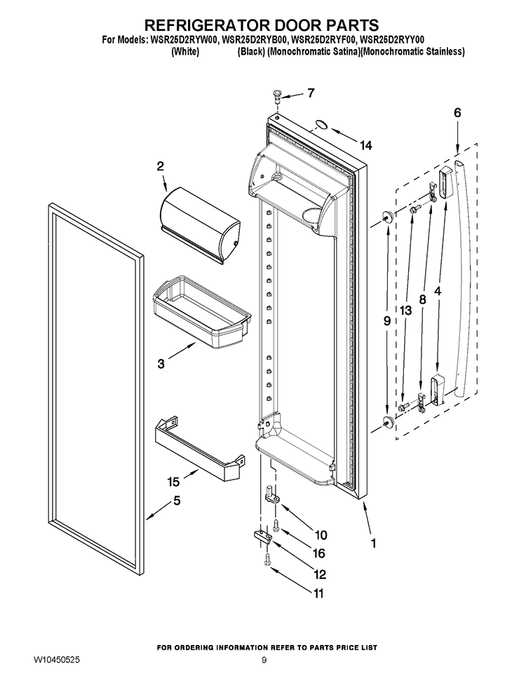 REFRIGERATOR DOOR PARTS Diagram and Parts List for WSR25D2RYW00  Whirlpool Refrigerator
