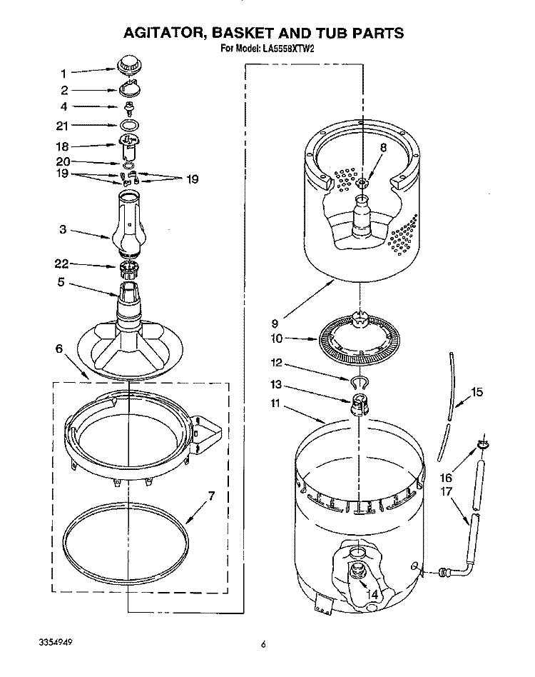 AGITATOR, BASKET AND TUB Diagram and Parts List for LA5558XTN2  Whirlpool Washer