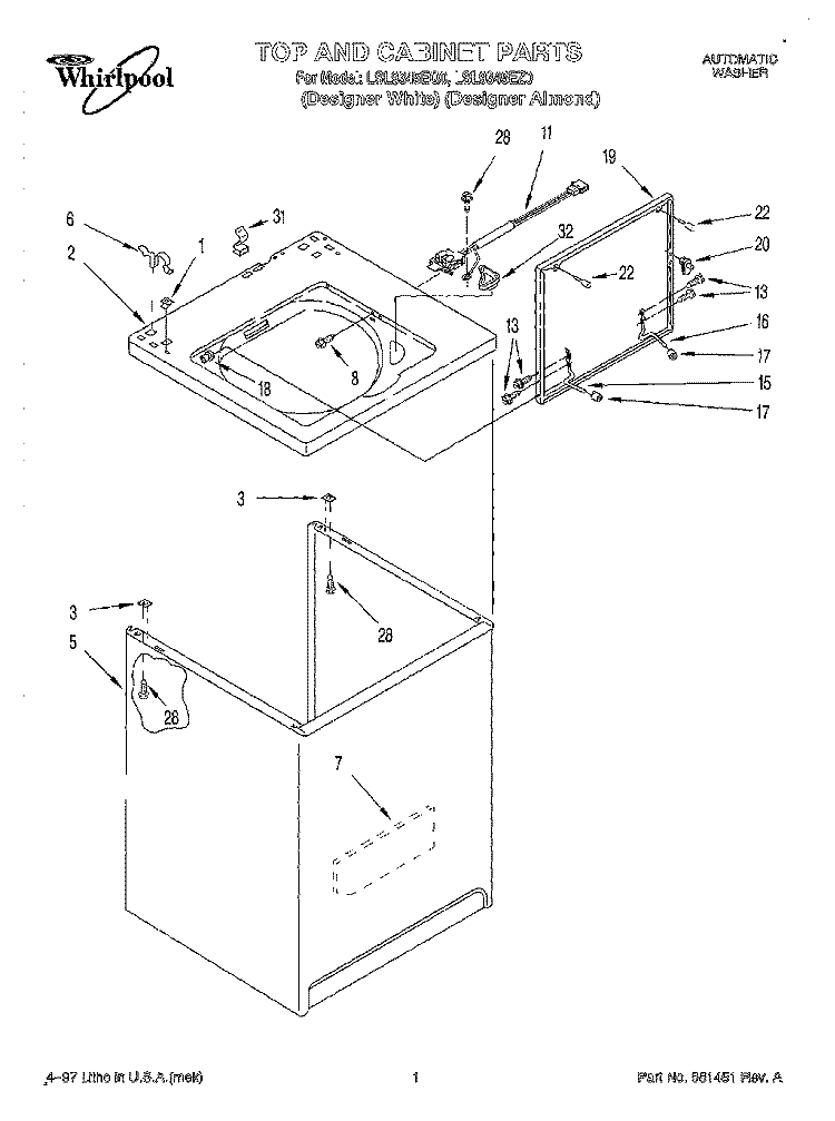 TOP AND CABINET Diagram and Parts List for LSL9345EZ0  Whirlpool Washer