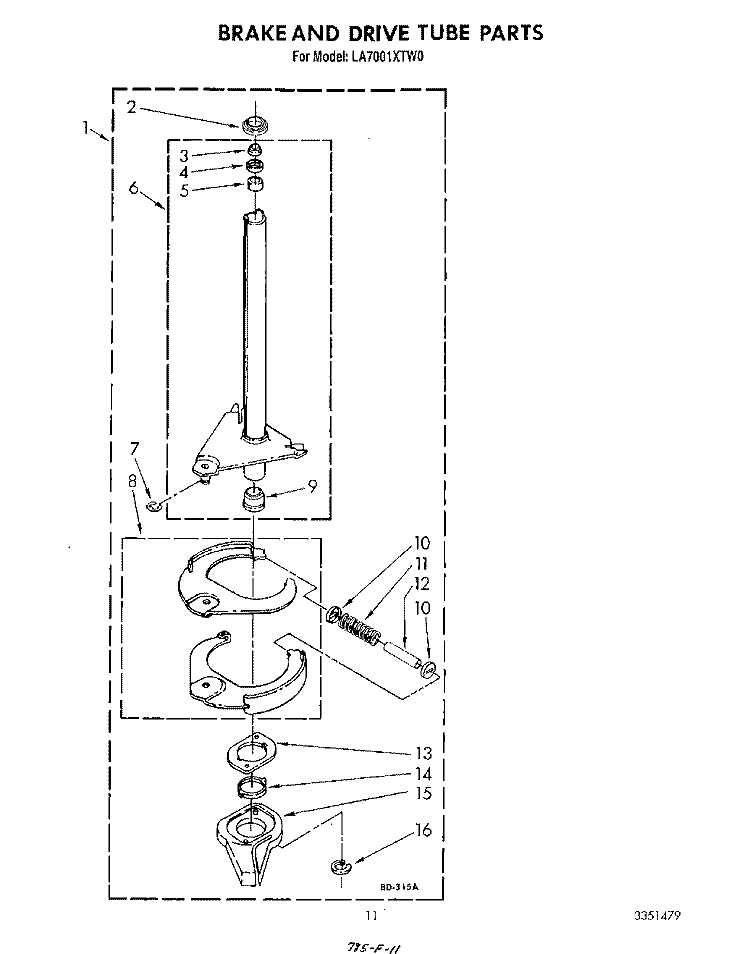 BRAKE AND DRIVE TUBE Diagram and Parts List for LA7001XTW0  Whirlpool Washer