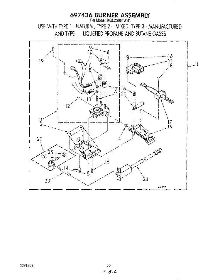 697436 BURNER Diagram and Parts List for KGLC500TAL1  KitchenAid Washer Dryer Combo
