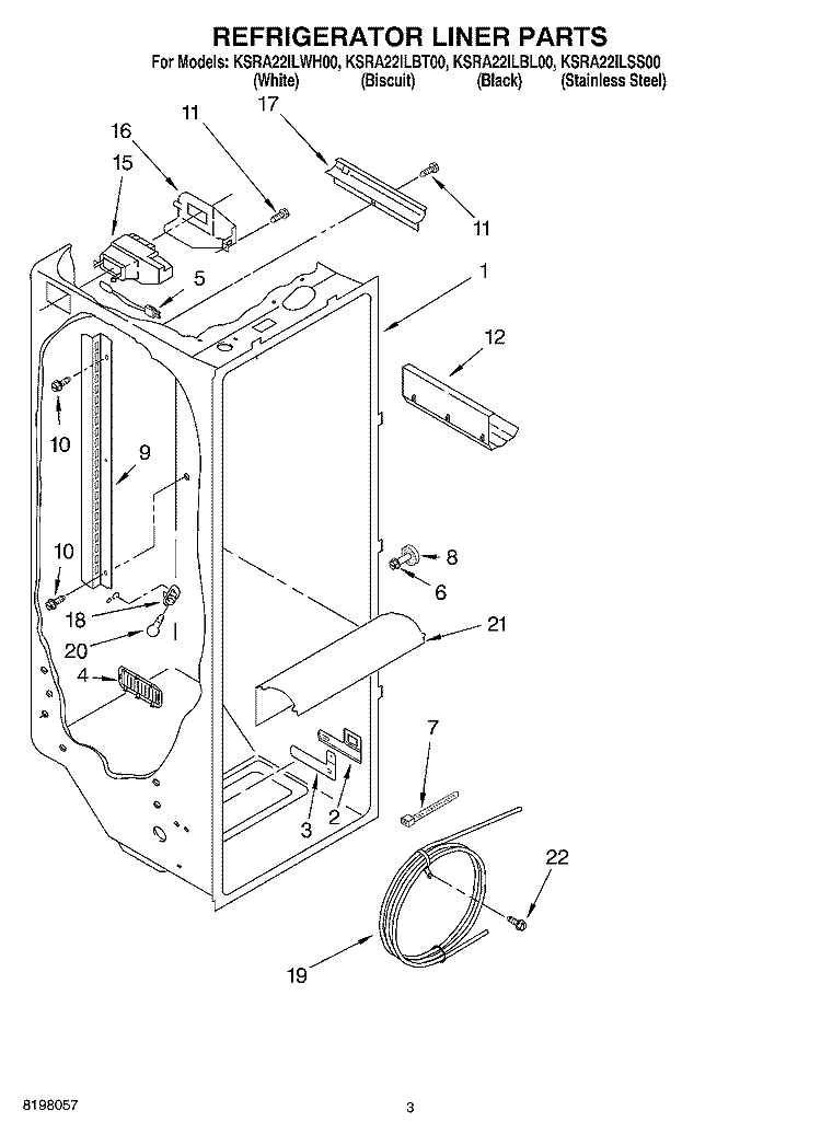 REFRIGERATOR LINER PARTS Diagram and Parts List for KSRA22ILBT00  KitchenAid Refrigerator