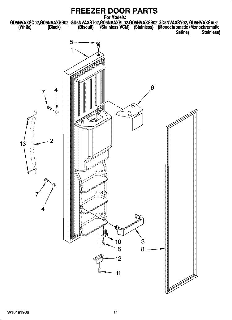 FREEZER DOOR PARTS Diagram and Parts List for GD5NVAXSA02  Whirlpool Refrigerator