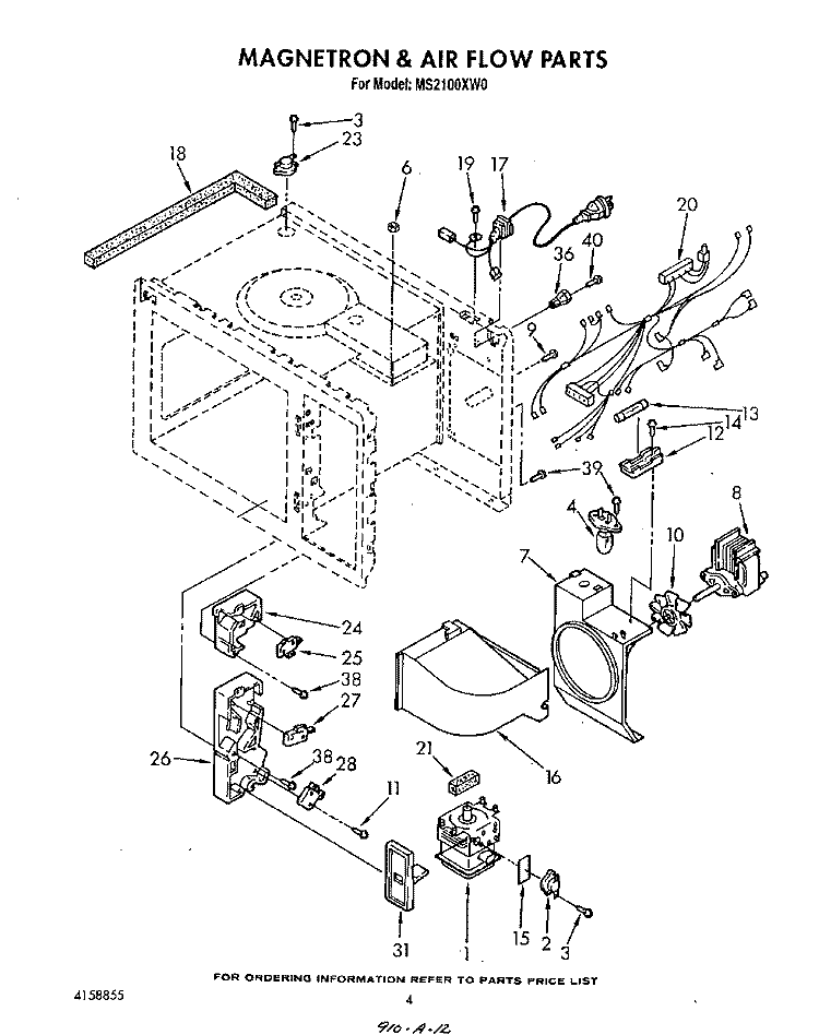 MAGNETRON AND AIR FLOW Diagram and Parts List for MS2100XW0  Whirlpool Microwave