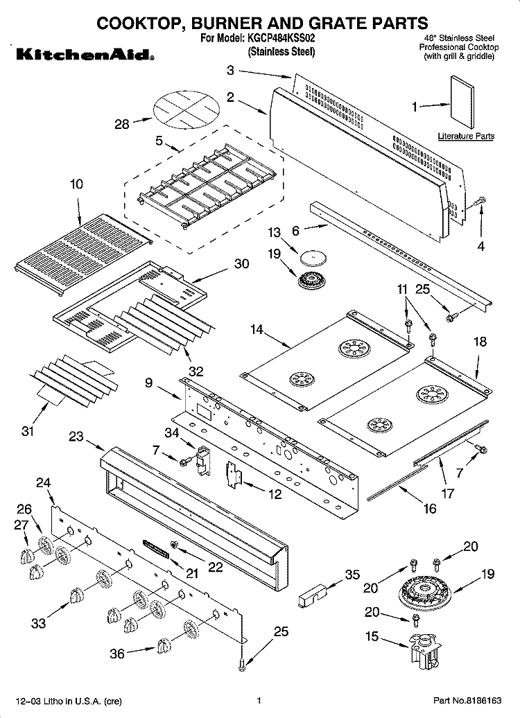COOKTOP, BURNER AND GRATE PARTS Diagram and Parts List for KGCP484KSS02  KitchenAid Cooktop