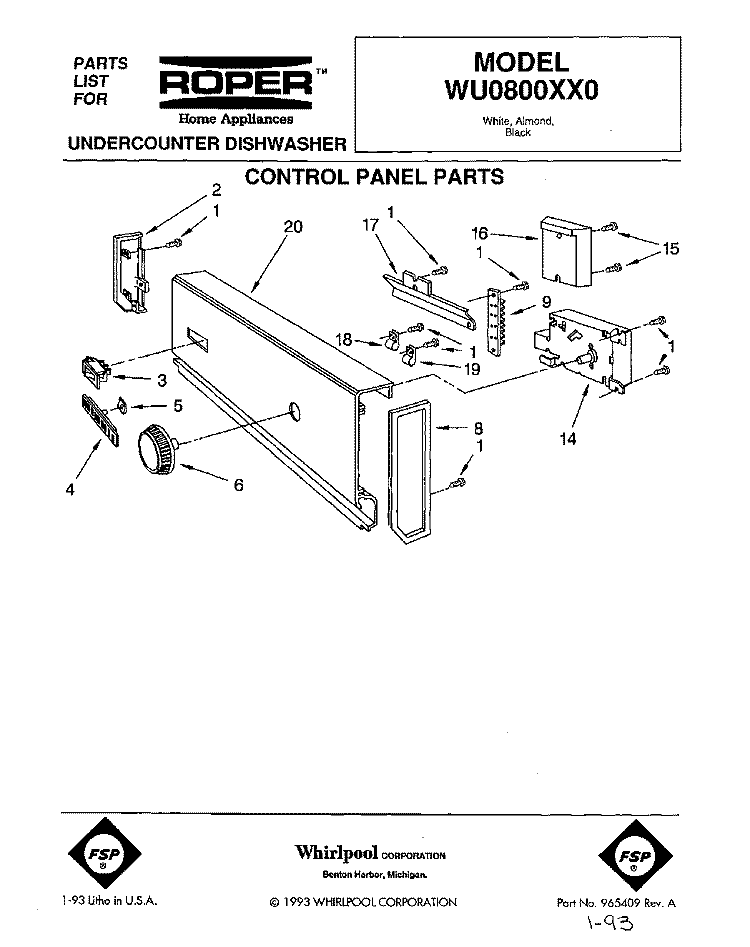 CONTROL PANEL Diagram and Parts List for WU0800XX0  Roper Dishwasher