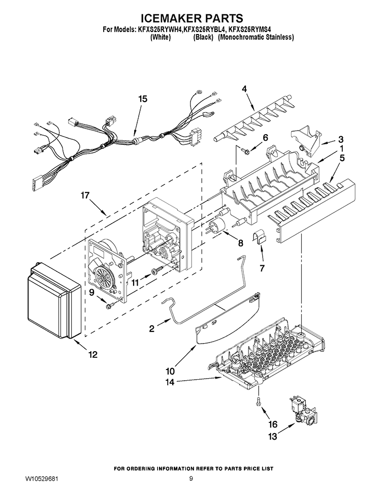 ICEMAKER PARTS Diagram and Parts List for KFXS25RYWH4  KitchenAid Refrigerator
