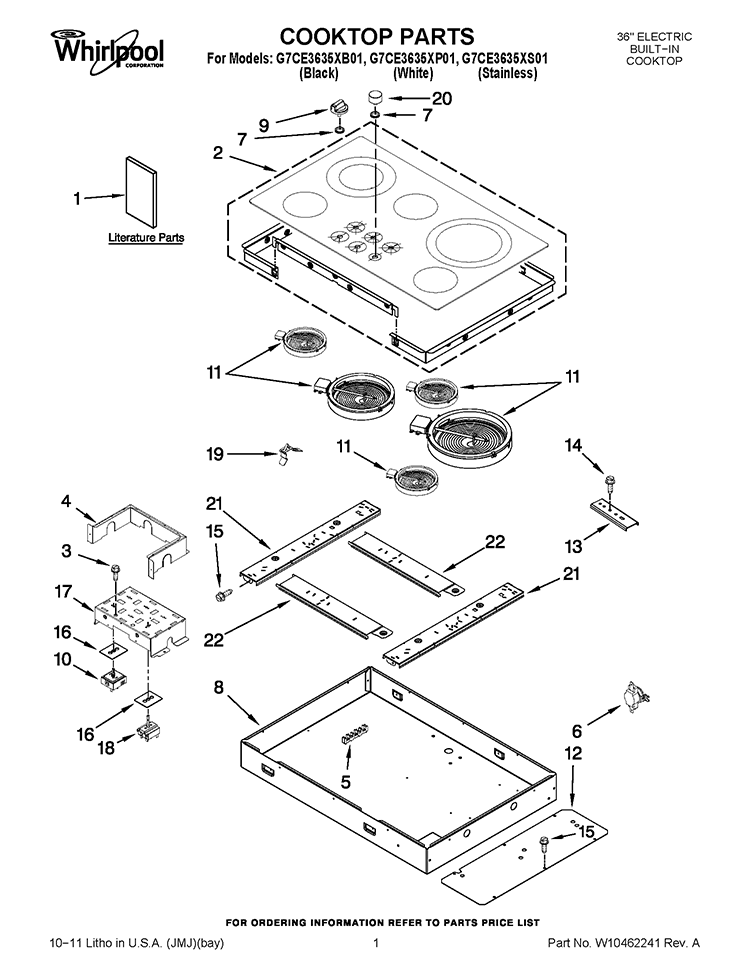 COOKTOP PARTS Diagram and Parts List for G7CE3635XB01  Whirlpool Cooktop