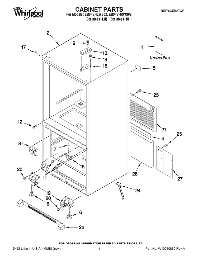 CABINET PARTS Diagram and Parts List for EB9FVHLWS02  Whirlpool Refrigerator