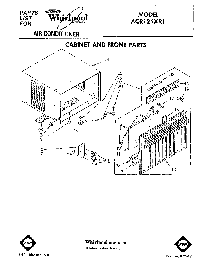 CABINET AND FRONT Diagram and Parts List for ACR124XR1  Whirlpool Air Conditioner