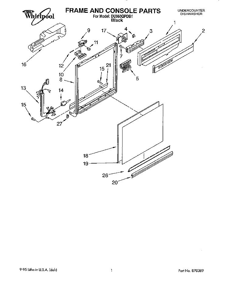 FRAME AND CONSOLE Diagram and Parts List for DU960QPDB1  Whirlpool Dishwasher