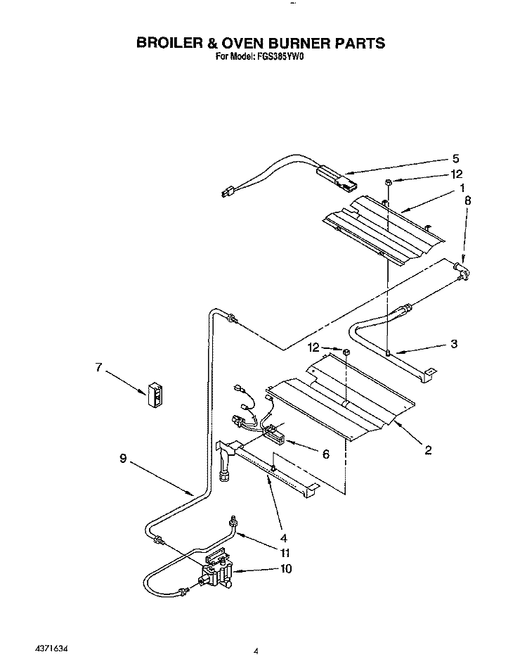 BROILER & OVEN BURNER Diagram and Parts List for FGS385YW0  Roper Range