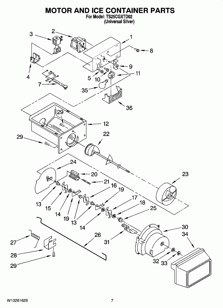 MOTOR AND ICE CONTAINER PARTS Diagram and Parts List for TS25CGXTD02  Estate Refrigerator