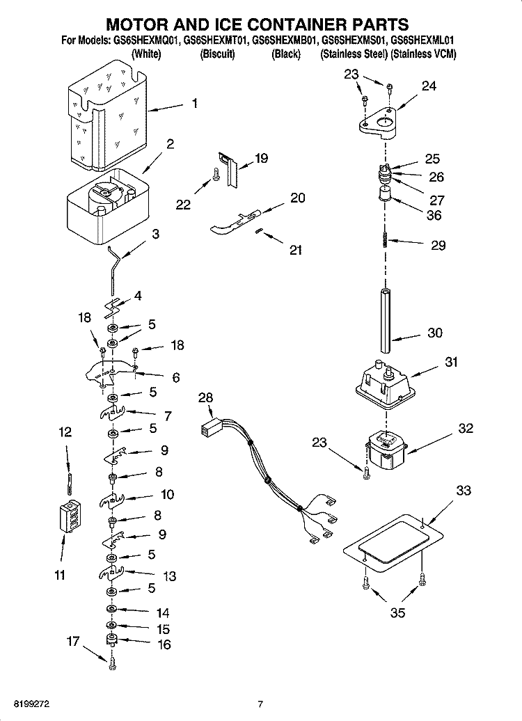 MOTOR AND ICE CONTAINER PARTS Diagram and Parts List for GS6SHEXML01  Whirlpool Refrigerator