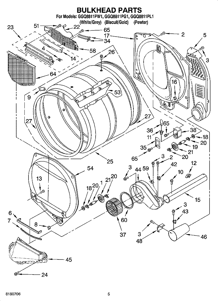 BULKHEAD PARTS Diagram and Parts List for GGQ8811PG1  Whirlpool Dryer