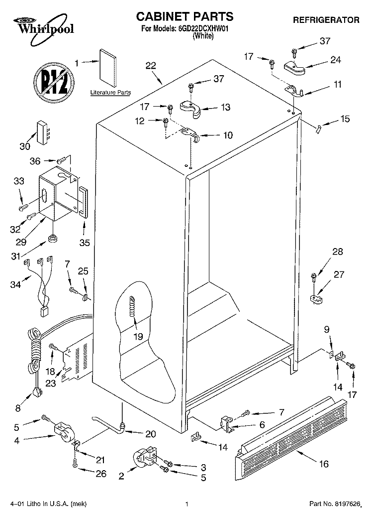 CABINET, LITERATURE Diagram and Parts List for 6GD22DCXHW01  Whirlpool Refrigerator