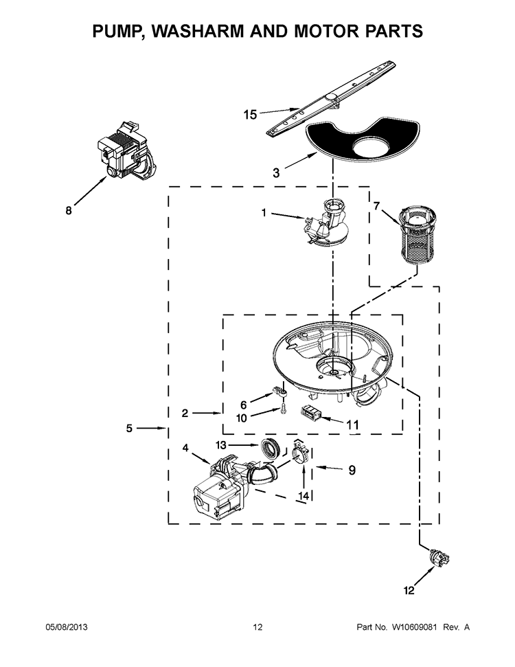 PUMP, WASHARM AND MOTOR PARTS Diagram and Parts List for WDP350PAAW2  Whirlpool Dishwasher