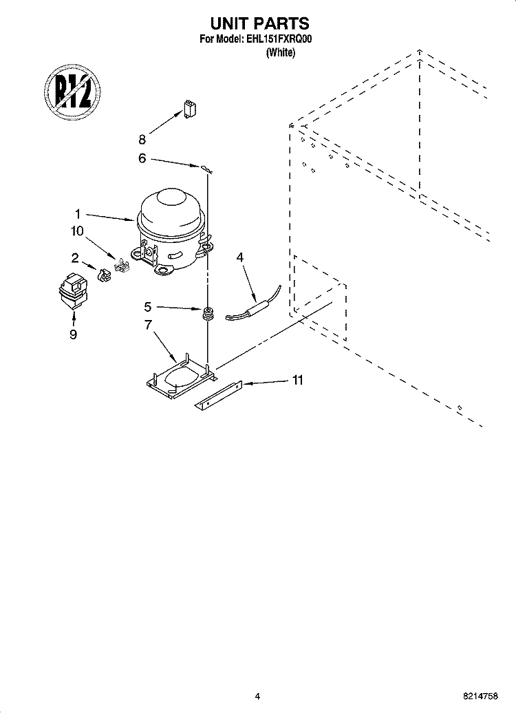 UNIT PARTS, OPTIONAL PARTS (NOT INCLUDED) Diagram and Parts List for EHL151FXRQ00  Whirlpool Freezer
