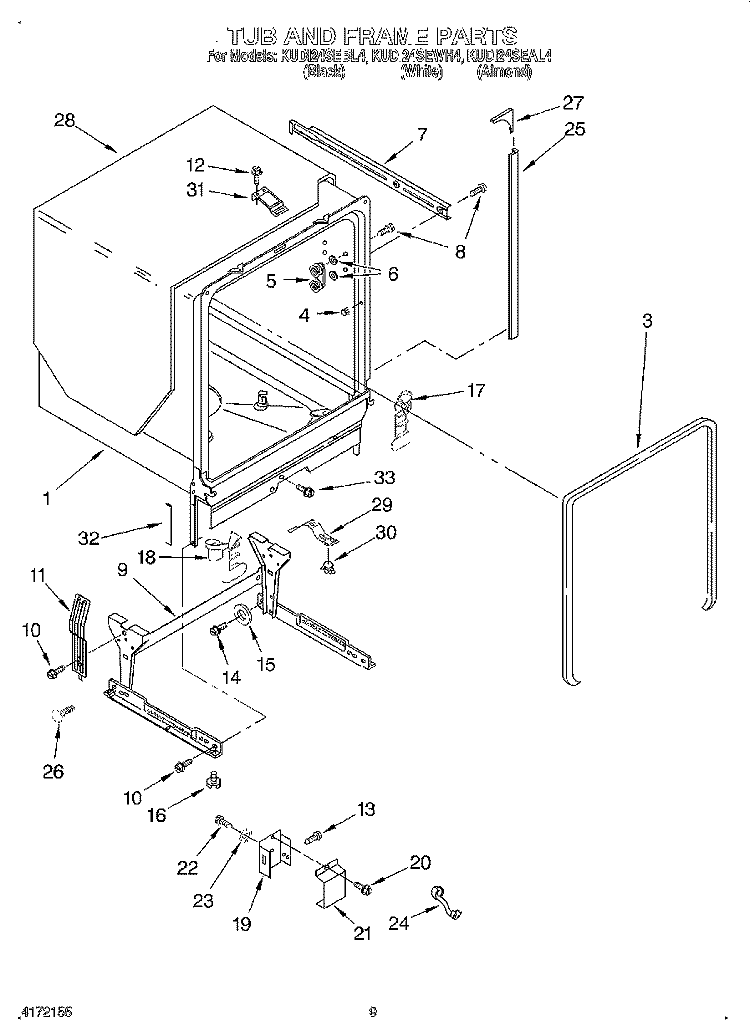 TUB AND FRAME Diagram and Parts List for KUDI24SEBL4  KitchenAid Dishwasher