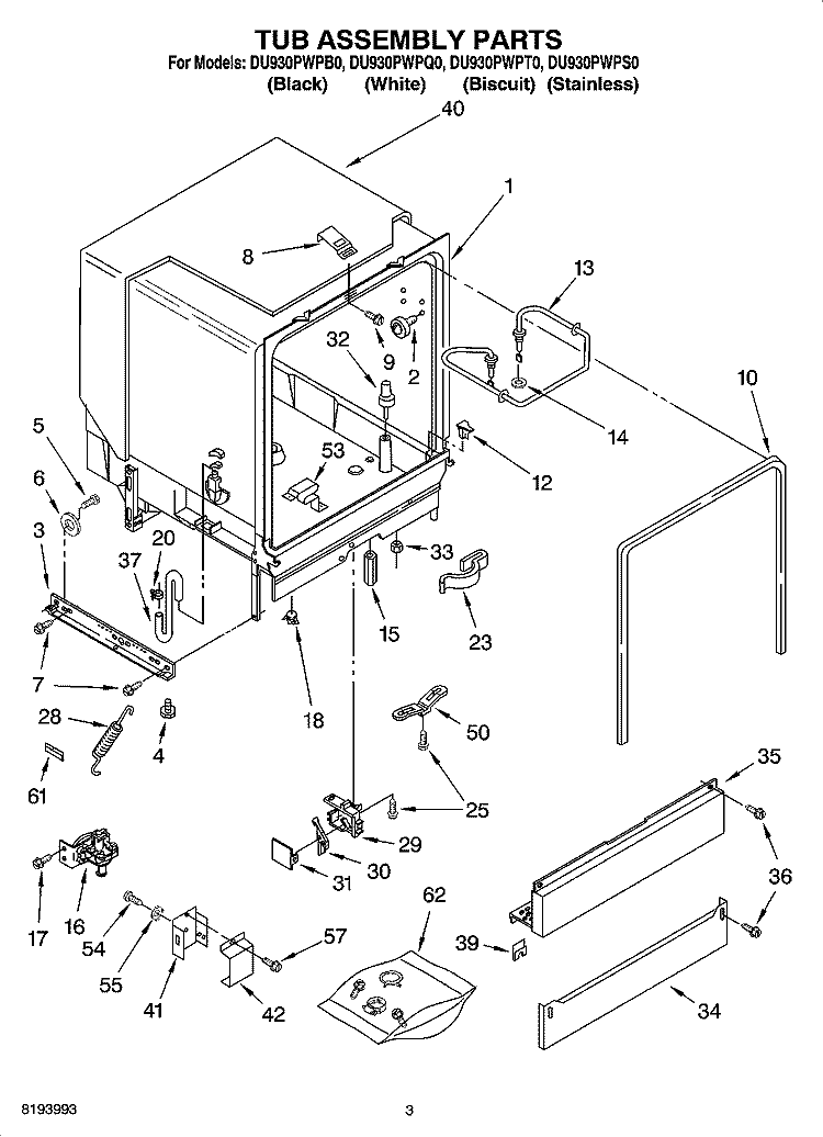 TUB ASSEMBLY PARTS Diagram and Parts List for DU930PWPT0  Whirlpool Dishwasher