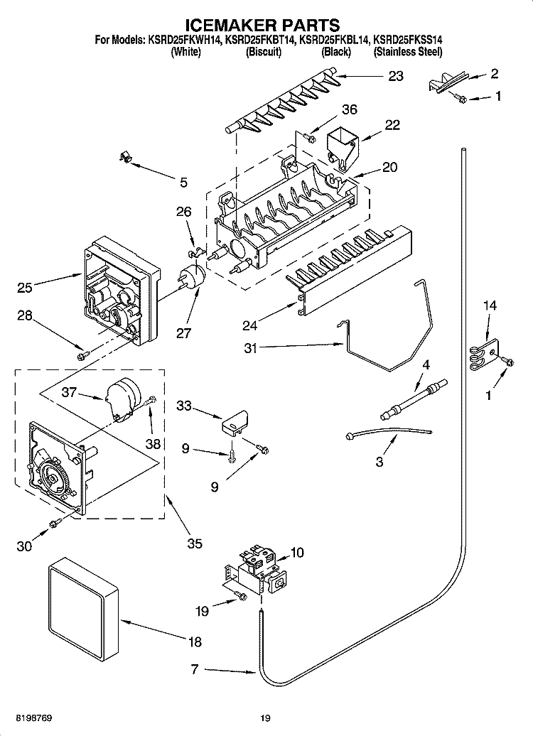 ICEMAKER PARTS, PARTS NOT ILLUSTRATED Diagram and Parts List for KSRD25FKBL14  KitchenAid Refrigerator