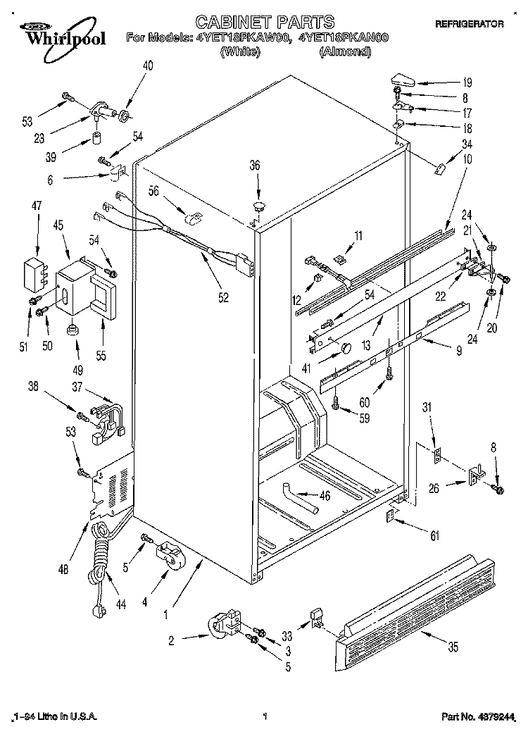 CABINET Diagram and Parts List for 4YET18PKAW00  Whirlpool Refrigerator