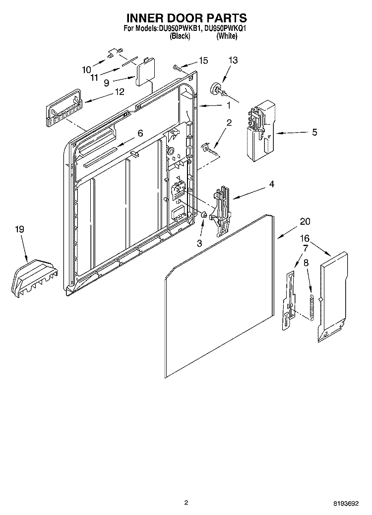 INNER DOOR Diagram and Parts List for DU950PWKB1  Whirlpool Dishwasher