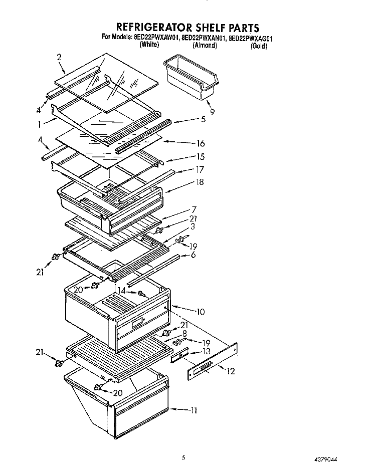 REFRIGERATOR SHELF Diagram and Parts List for 8ED22PWXAW01  Whirlpool Refrigerator