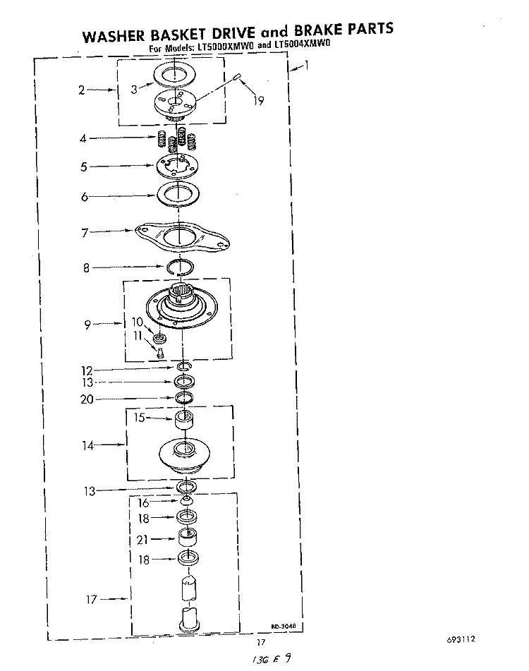 WASHER BASKET DRIVE AND BRAKE Diagram and Parts List for LT5004XMW0  Whirlpool Washer Dryer Combo