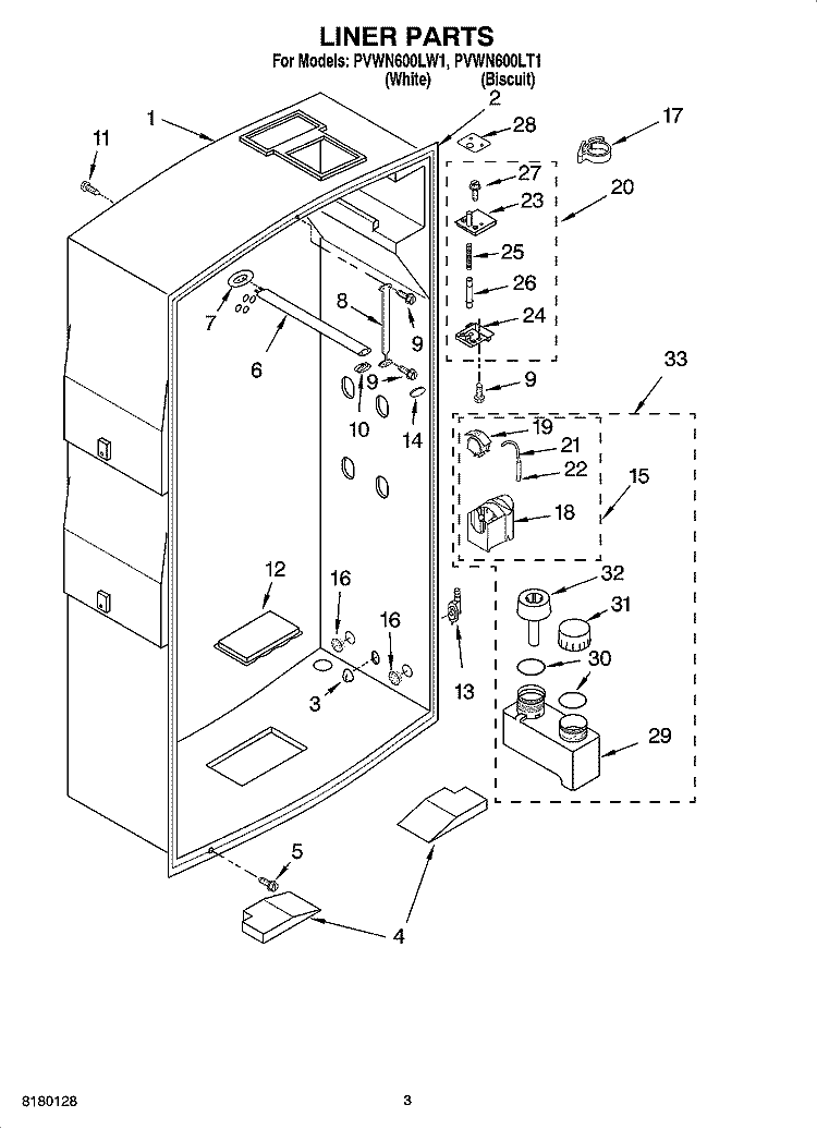 LINER PARTS Diagram and Parts List for PVWN600LW1  Whirlpool Cabinet