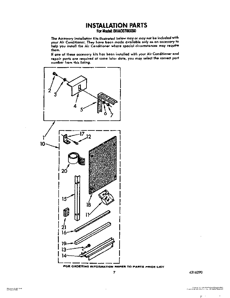 INSTALLATION Diagram and Parts List for BHAC0700XS0  Whirlpool Air Conditioner