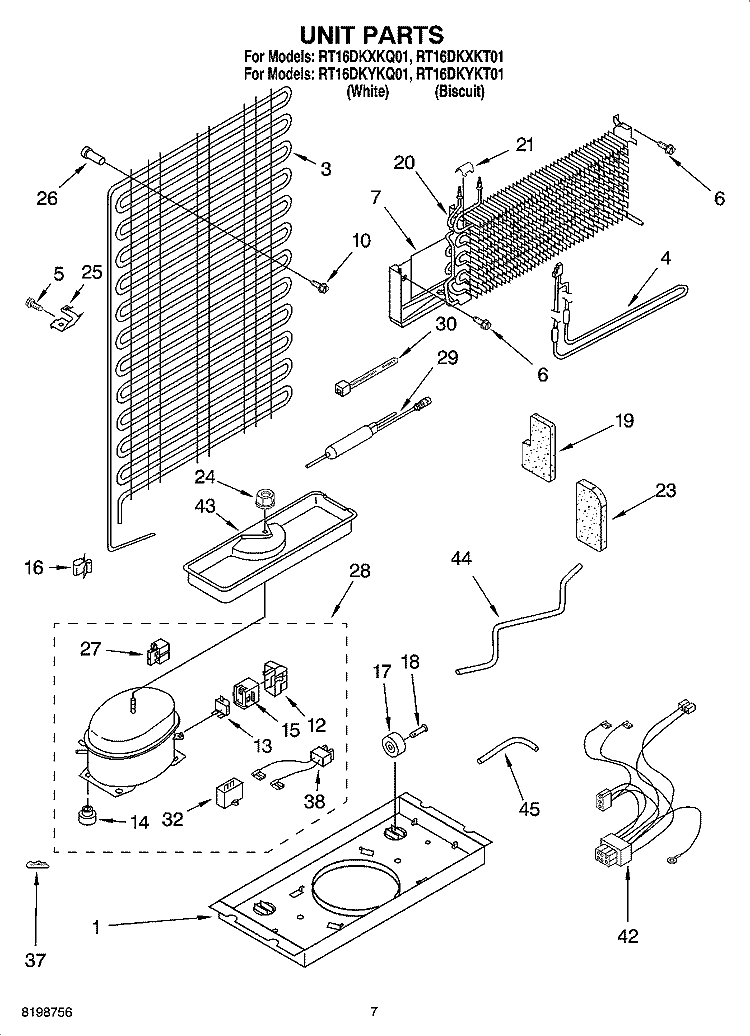 UNIT PARTS Diagram and Parts List for RT16DKYKT01  Roper Refrigerator