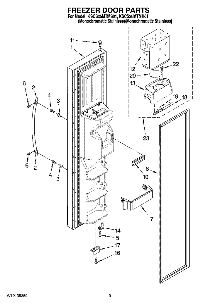 FREEZER DOOR PARTS Diagram and Parts List for KSCS25MTMK01  KitchenAid Refrigerator