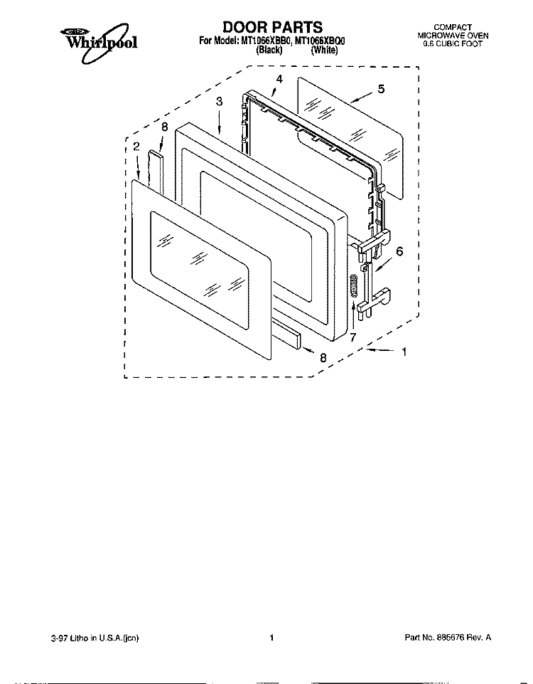 DOOR Diagram and Parts List for MT1066XBB0  Whirlpool Microwave