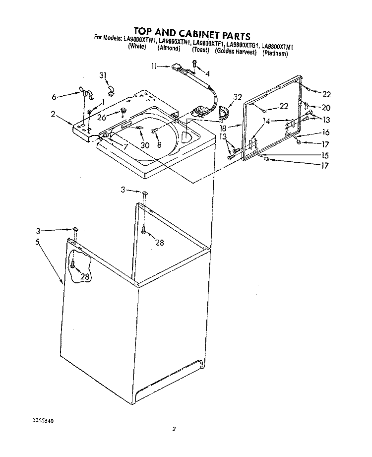 TOP AND CABINET, LIT/OPTIONAL Diagram and Parts List for LA9800XTF1  Whirlpool Washer