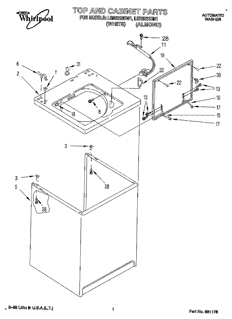 TOP AND CABINET, LIT/OPTIONAL Diagram and Parts List for LSR6233BW1  Whirlpool Washer