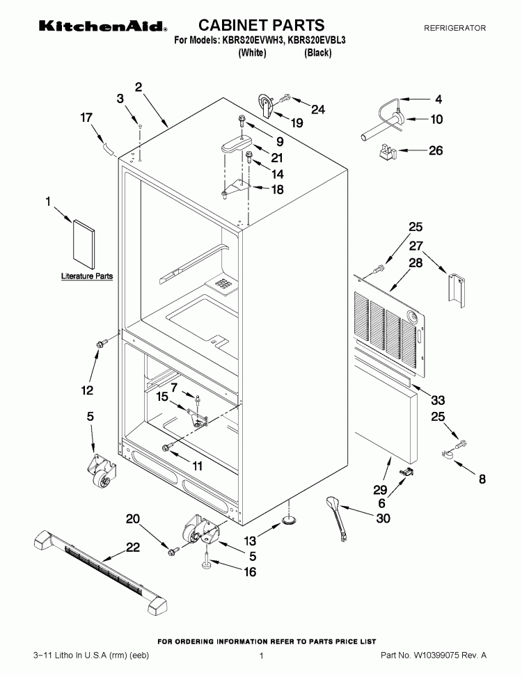 CABINET PARTS Diagram and Parts List for KBRS20EVBL3  KitchenAid Refrigerator