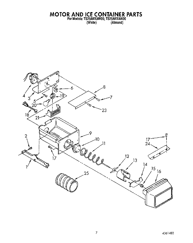 MOTOR AND ICE CONTAINER Diagram and Parts List for TS25AWXAN00  Whirlpool Refrigerator