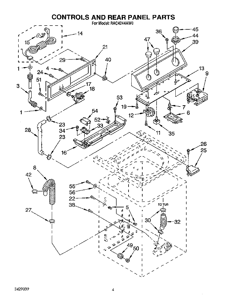 CONTROLS AND REAR PANEL Diagram and Parts List for RAC4244AL0  Whirlpool Washer
