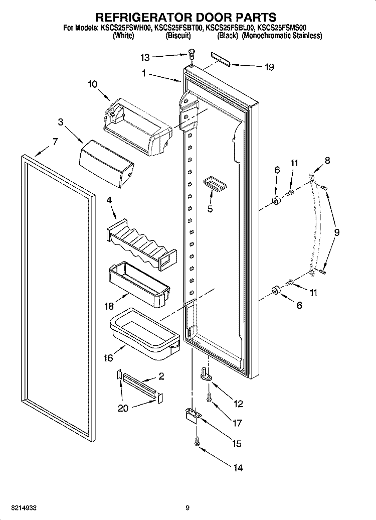 REFRIGERATOR DOOR PARTS Diagram and Parts List for KSCS25FSBL00  KitchenAid Refrigerator