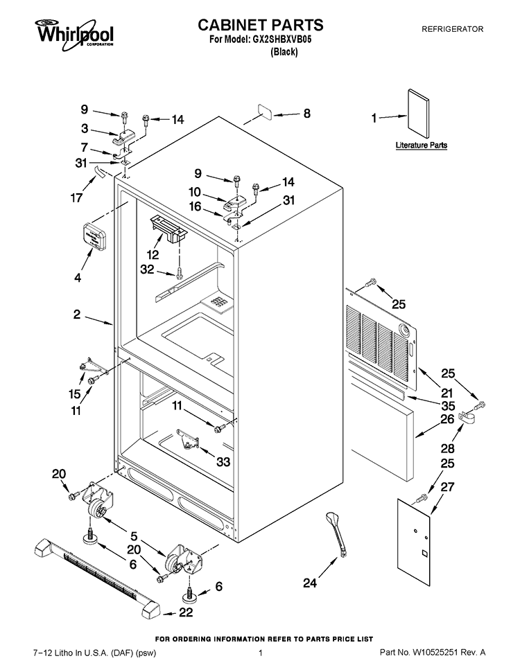 CABINET PARTS Diagram and Parts List for GX2SHBXVB05  Whirlpool Refrigerator
