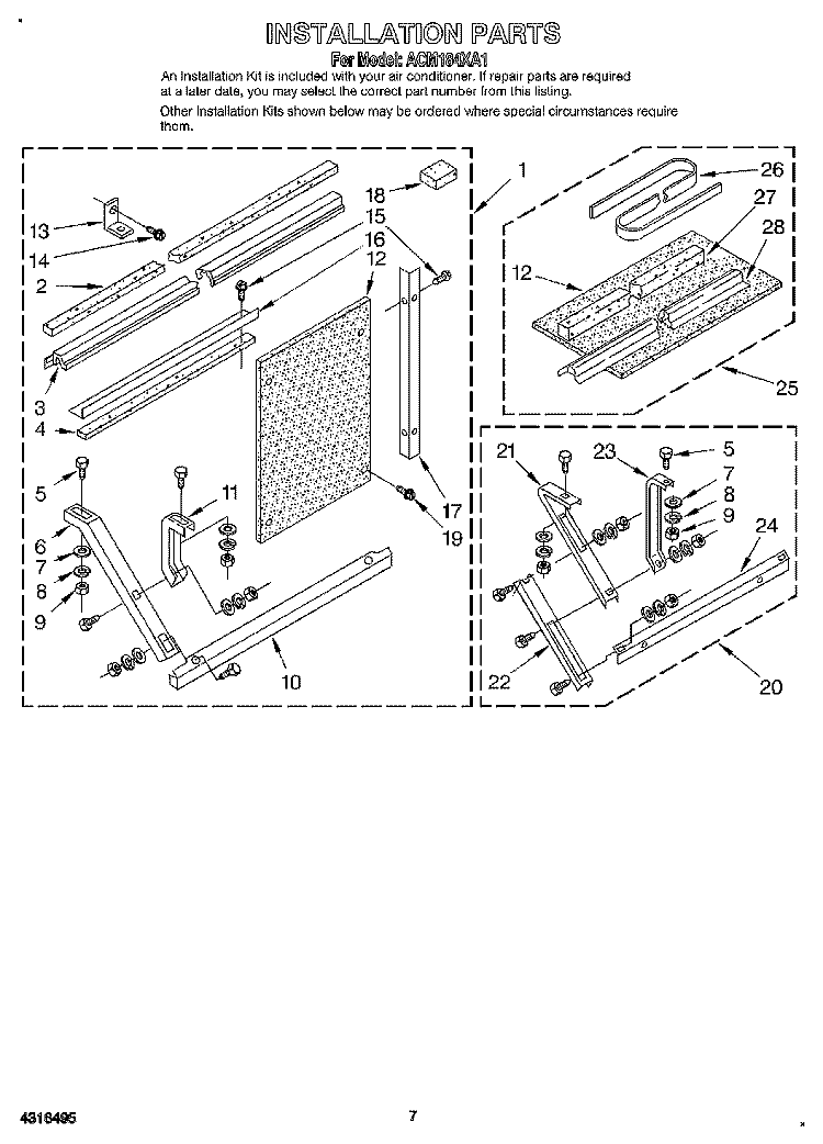 INSTALLATION Diagram and Parts List for ACM184XA1  Whirlpool Air Conditioner
