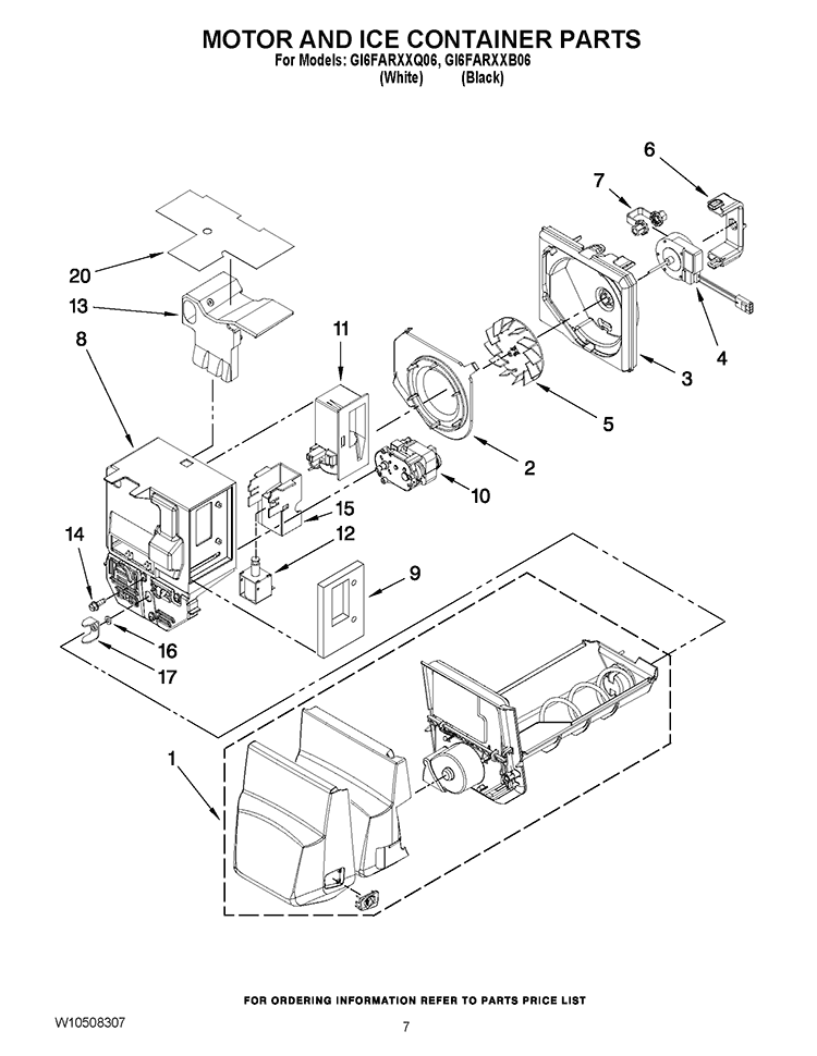 MOTOR AND ICE CONTAINER PARTS Diagram and Parts List for GI6FARXXB06  Whirlpool Refrigerator