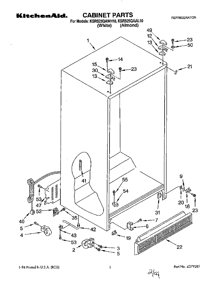 CABINET Diagram and Parts List for KSRS25QAAL10  KitchenAid Refrigerator