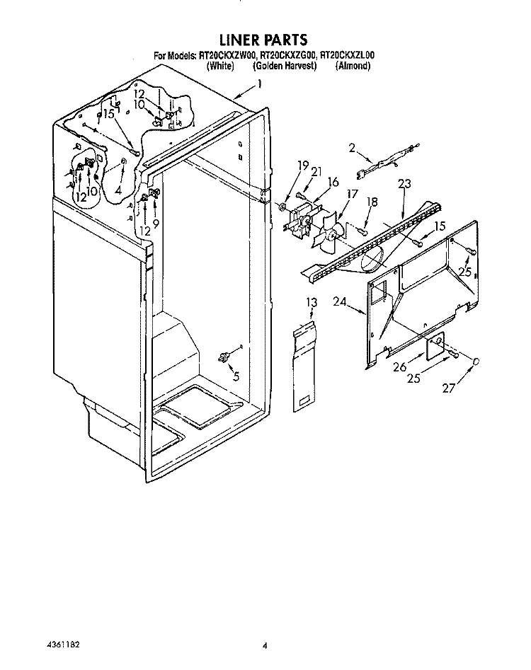LINER Diagram and Parts List for RT20CKXZW00  Roper Refrigerator