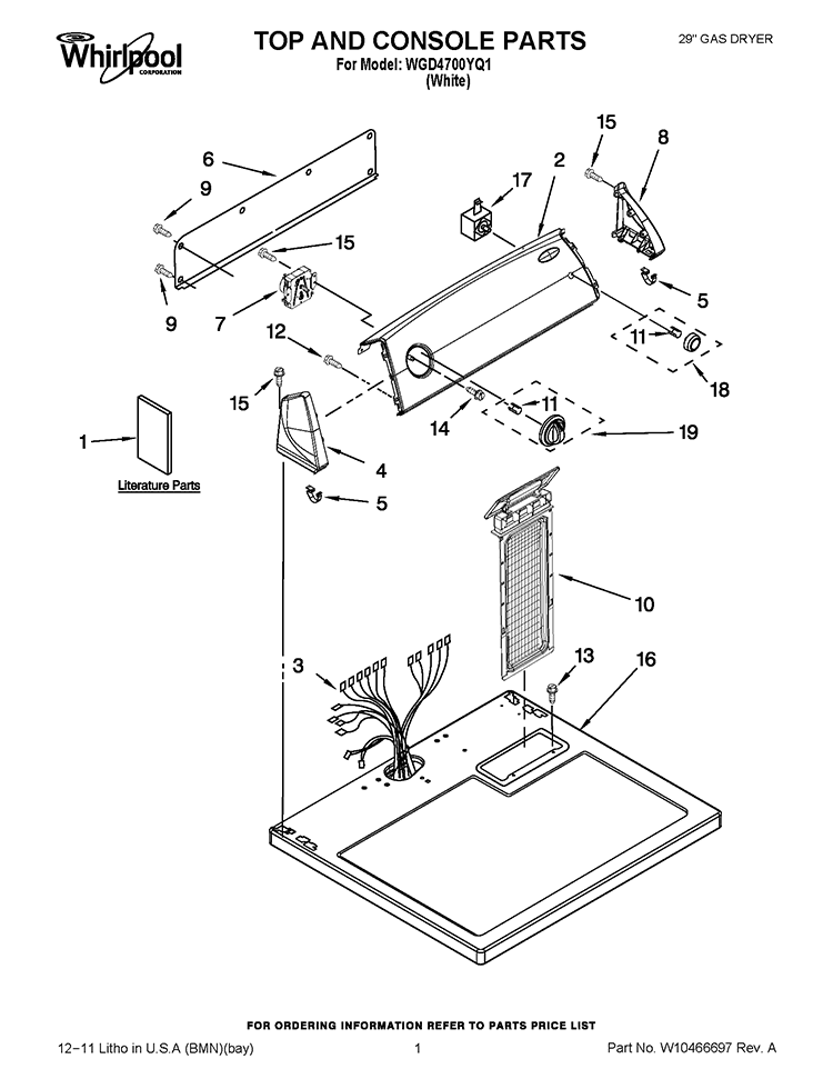 TOP AND CONSOLE PARTS Diagram and Parts List for WGD4700YQ1  Whirlpool Dryer