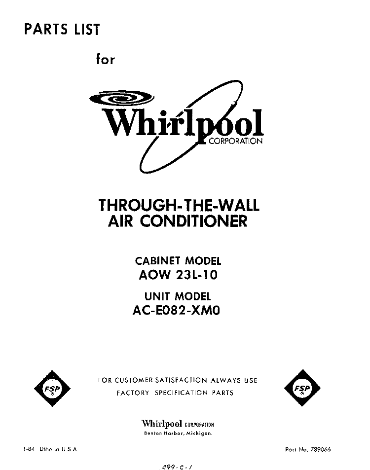 SECTION Diagram and Parts List for ACE082XM0  Whirlpool Air Conditioner