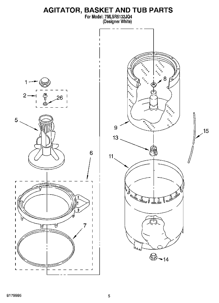 AGITATOR, BASKET AND TUB PARTS Diagram and Parts List for 7MLSR5132JQ4  Whirlpool Washer