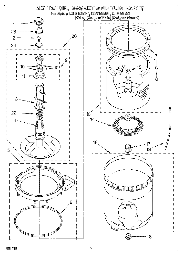 AGITATOR, BASKET AND TUB Diagram and Parts List for LXR7144EQ1  Whirlpool Washer